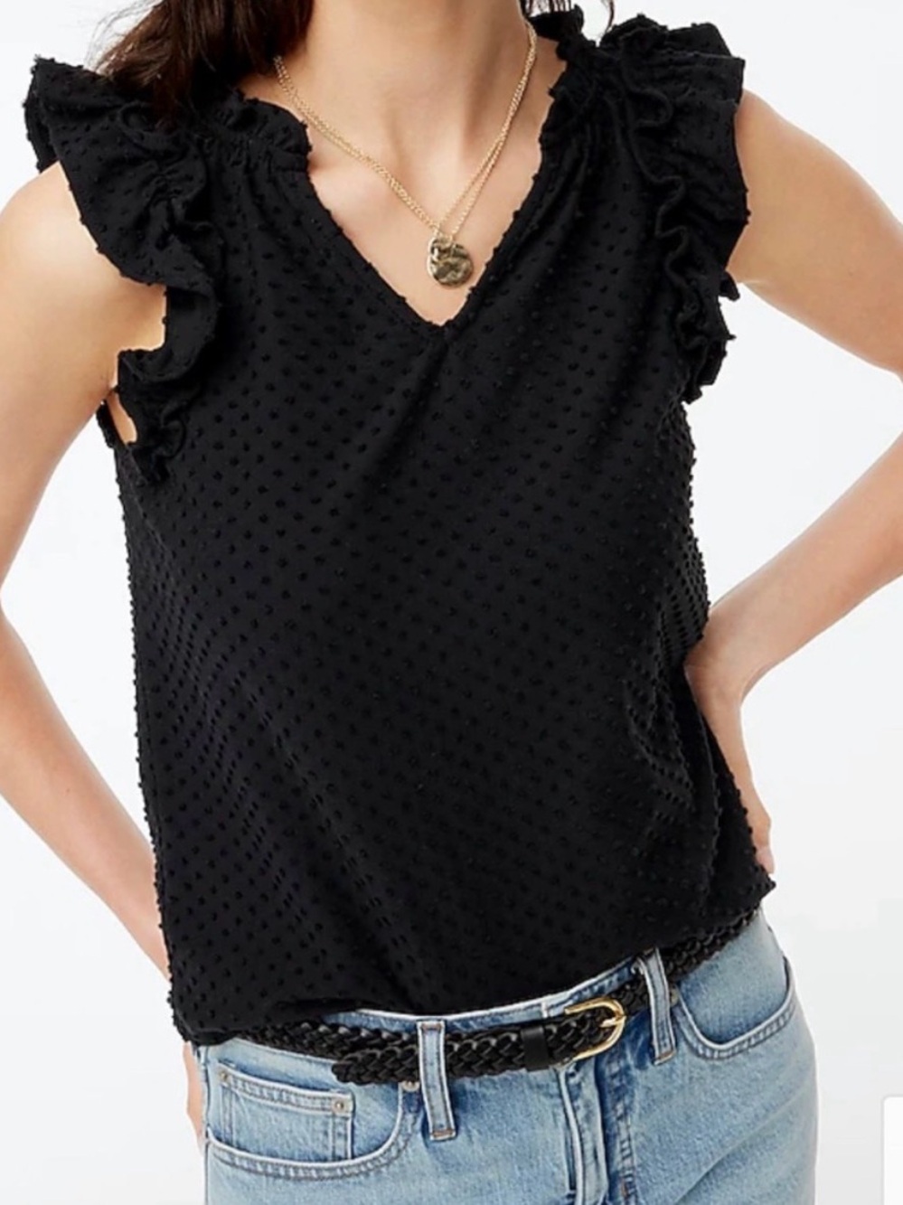 NWT! J. Crew Black Swiss Dot Ruffle Sleeve Tank- XS